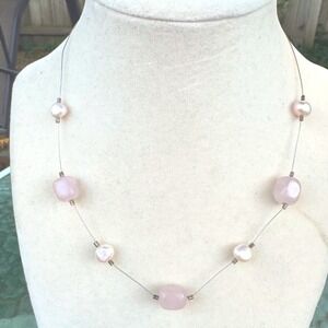 925 Sterling Silver Rose Quartz and Pearl Floating Bead Wire Necklace Pink 15"‎